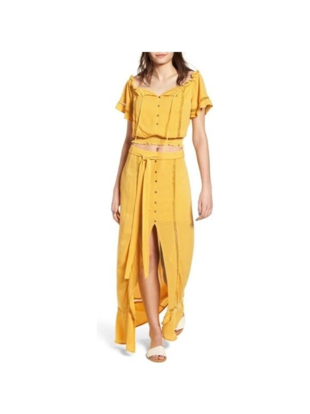 BP Yellow Belted Maxi Skirt Split Hem Front